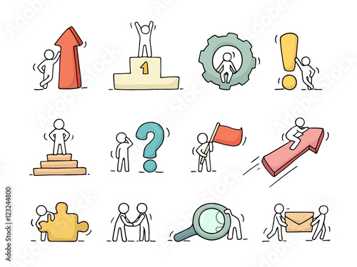 Business icons set of sketch working little people
