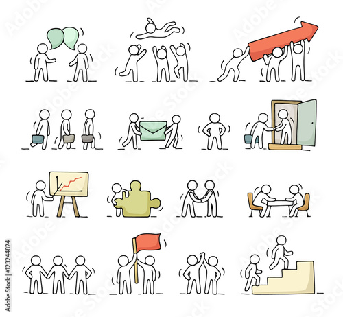 Business icons set of sketch working little people with puzzle,