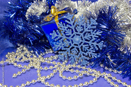 christmas decoration- blue sparkle snowflake and silver baeds