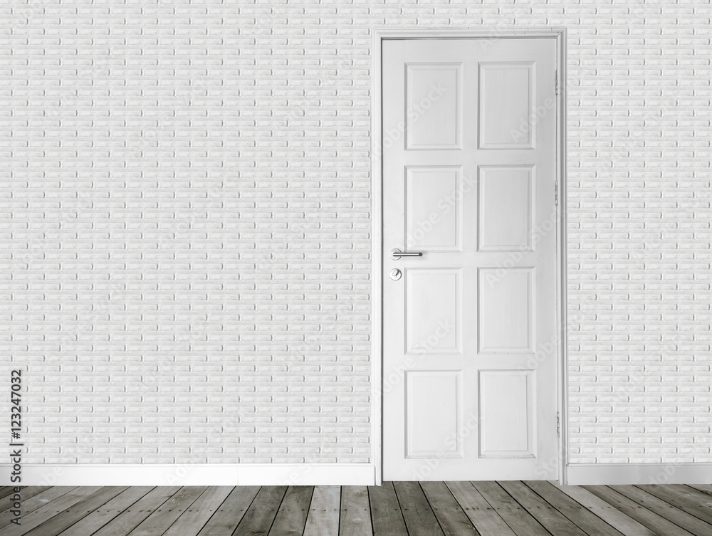 emty room -vinatge white brick wall and white wood door and old emty room -vinatge white brick wall and white wood door and old