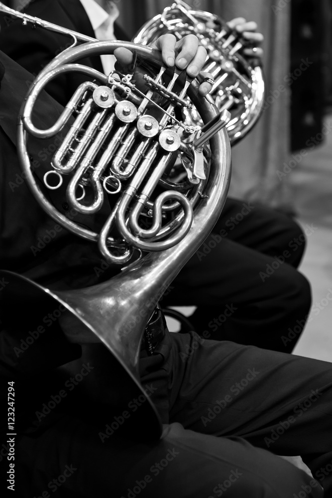 French horn in the hands of the musicians in the orchestra in black and