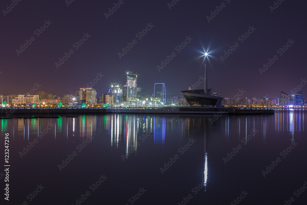 Panoramic view with lighthouse of Baku, capital of Azerbaijan from the sea