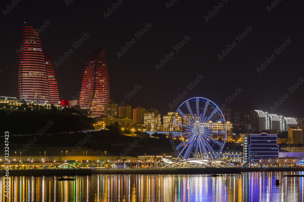 Panoramic night view of boulevard in Baku, capital of Azerbaijan 