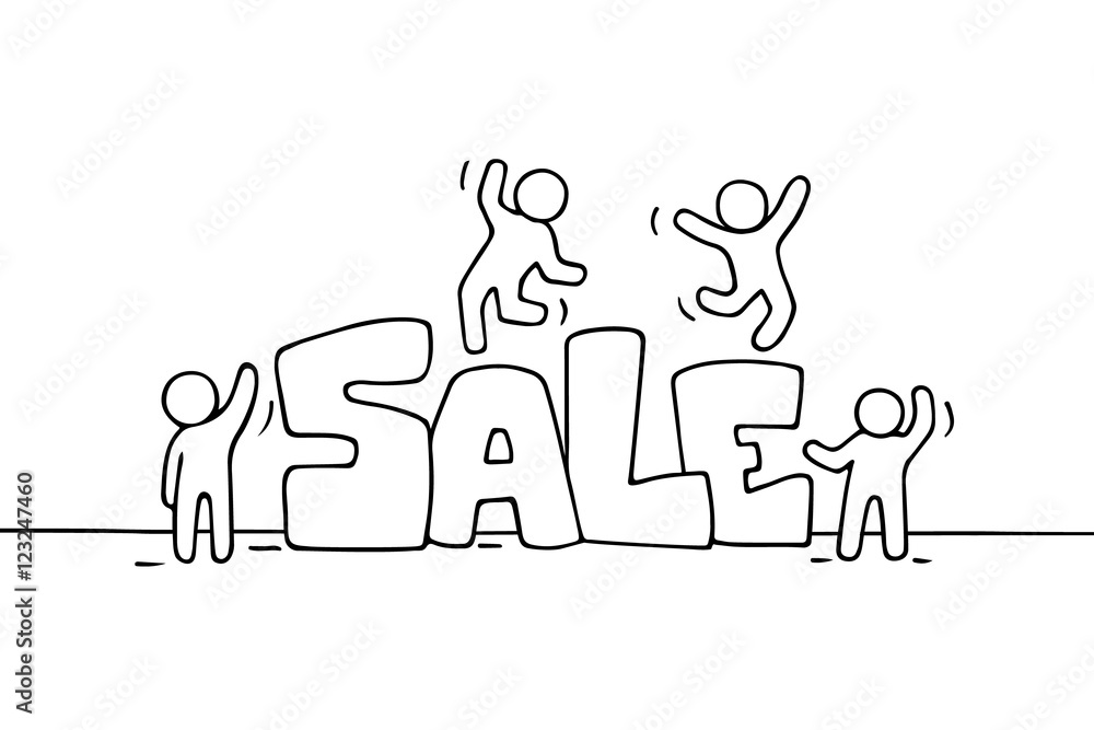 Sketch of working little people with word sale. Sketch of working little people with word sale.
