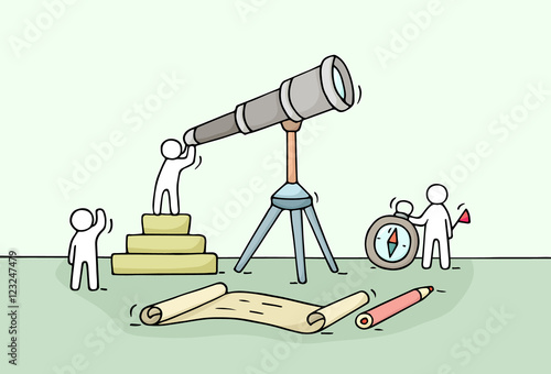 Sketch of working little people with spyglass, teamwork.