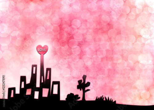 Heart shape building in town silhouette on Red and Pink bokeh circles sky background, Celebration concept.