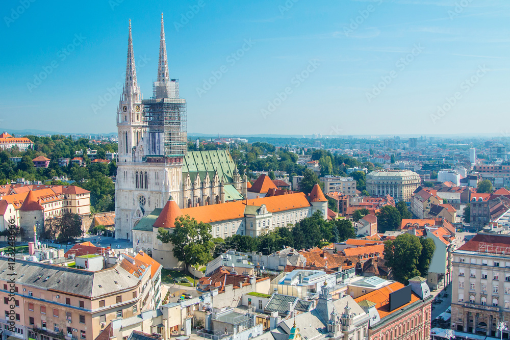 Kaptol and catholic cathedral in the center of Zagreb, Croatia, panoramic view 