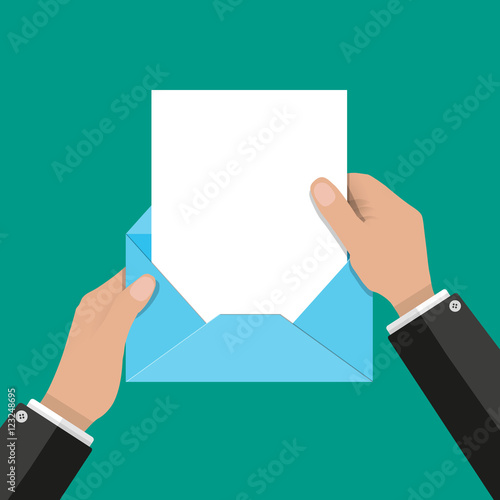 hand pulls from envelope a sheet of empty paper