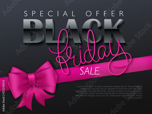 vector illustration of black friday banner with hand lettering golden word - friday - and pink ribbon with bow