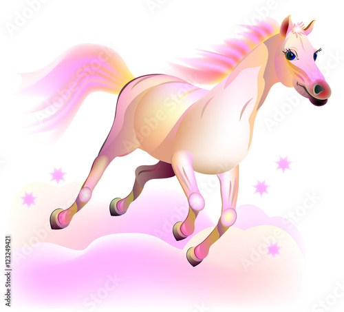 Illustration of fantasy fairyland pink horse running in the clouds. Vector cartoon image.