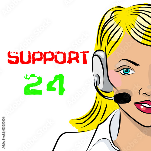 Round-the-clock telephone support. Woman dispatcher. Vector illustration