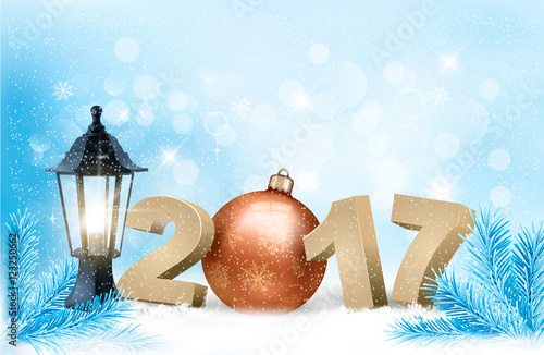 New Year 2017 background with winter nature and a lamp. Vector.