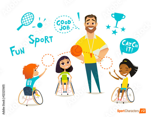Handisport. Handicapped Kids. Boys and girls in wheelchairs playing baseball. Coaching handicapped young sportsmen's. Medical rehabilitation. Vector Illustration.