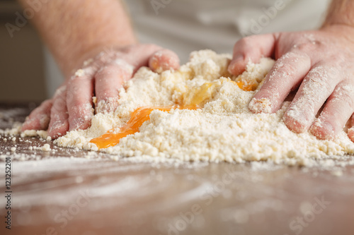 Closeup photo of baker making yeast dough for bread.