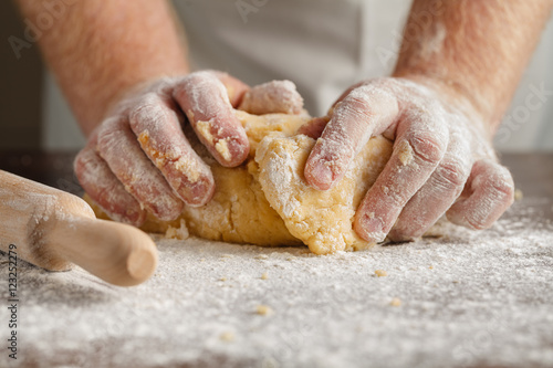 Fototapeta Gather dough together to form ball. Making Apple Pie Tart