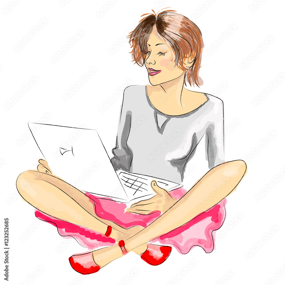 Cute young girl wearing pink casual clothes typing on laptop