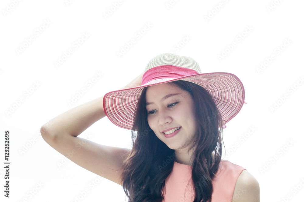 woman wearing pink straw hat with expression of happy woman wearing pink straw hat with expression of happy
