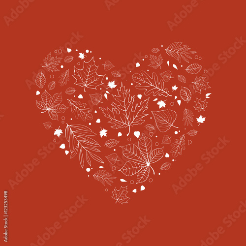 Autumn leaves heart design white outline on red background
