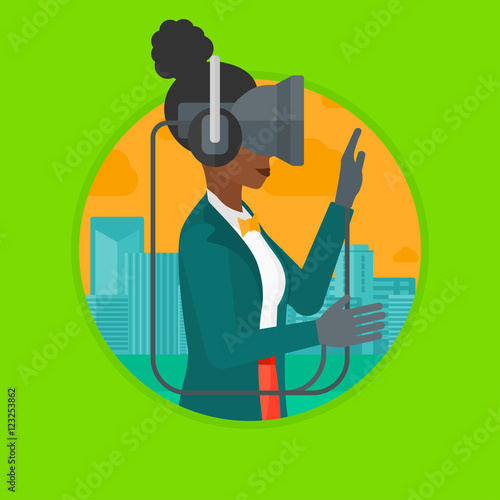 Woman wearing virtual reality headset.