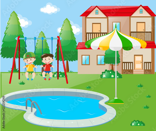 Two boys on swing by the pool