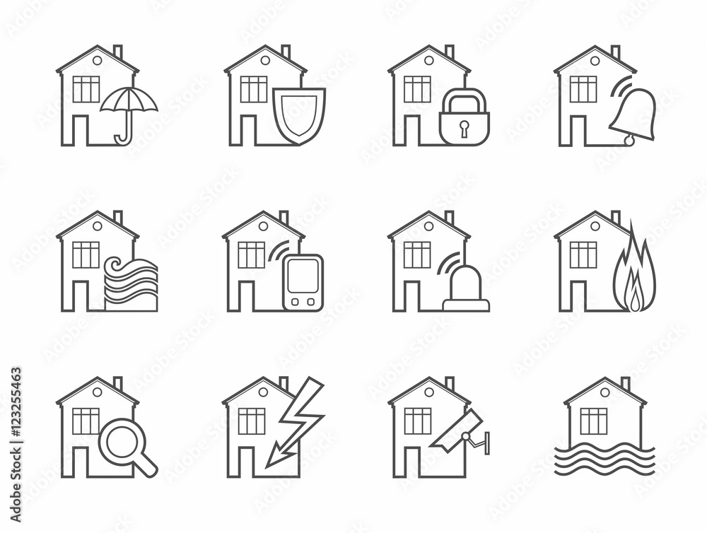 Security of housing and office buildings, icons, contour. Safety of living and working space. Vector monochrome linear icons on white background. 