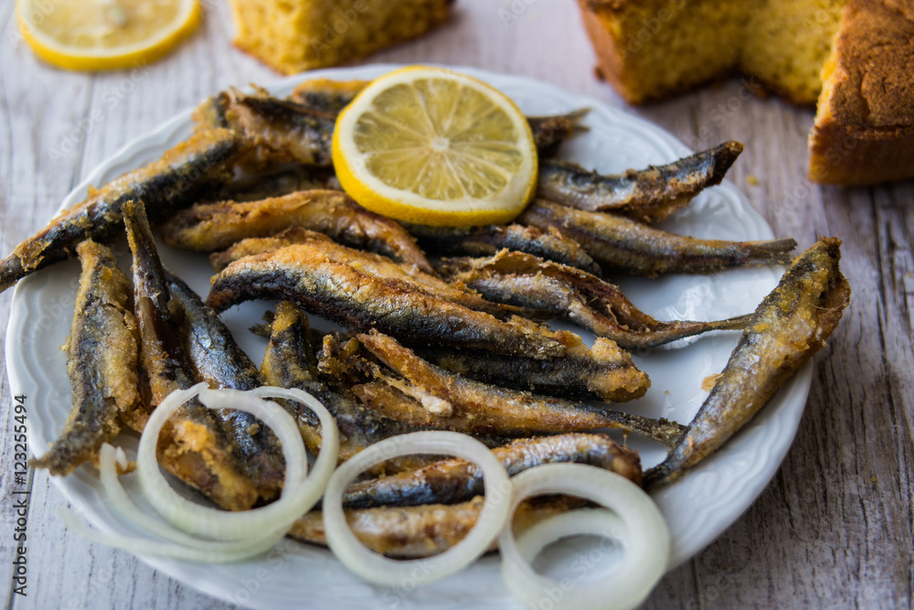 Turkish Hamsi Tava with cornbread / Fried Anchovies Turkish Hamsi Tava with cornbread / Fried Anchovies