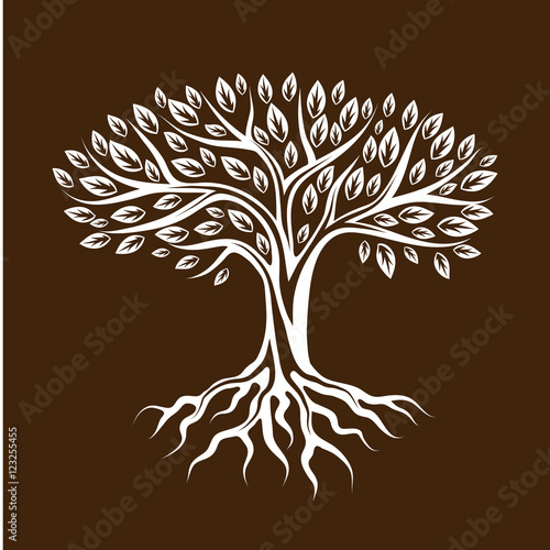 Abstract stylized tree with roots and leaves. Natural illustration