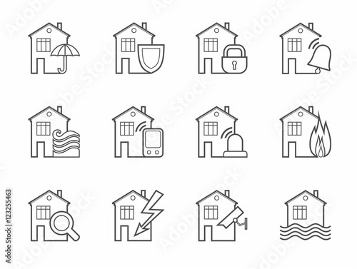 Security of housing and office buildings, icons, contour. Safety of living and working space. Vector monochrome linear icons on white background. 