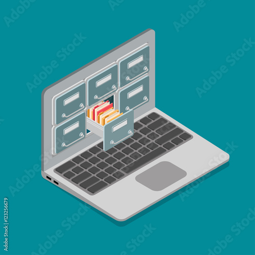 Flat isometric Laptop card file screen vector 3d Online storage