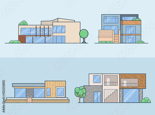 Linear Flat House model front side view vector set Real Estate