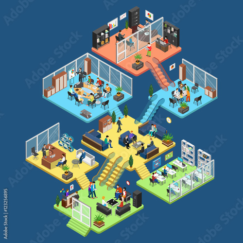 Flat isometric office interior department staff vector 3d