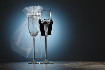 Decorated wedding champagne glasses