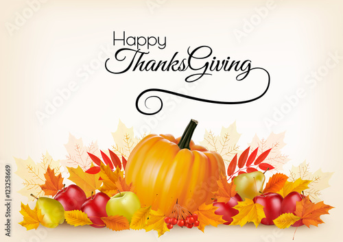 Thanksgiving background with autumn fruit and leaves. Vector.