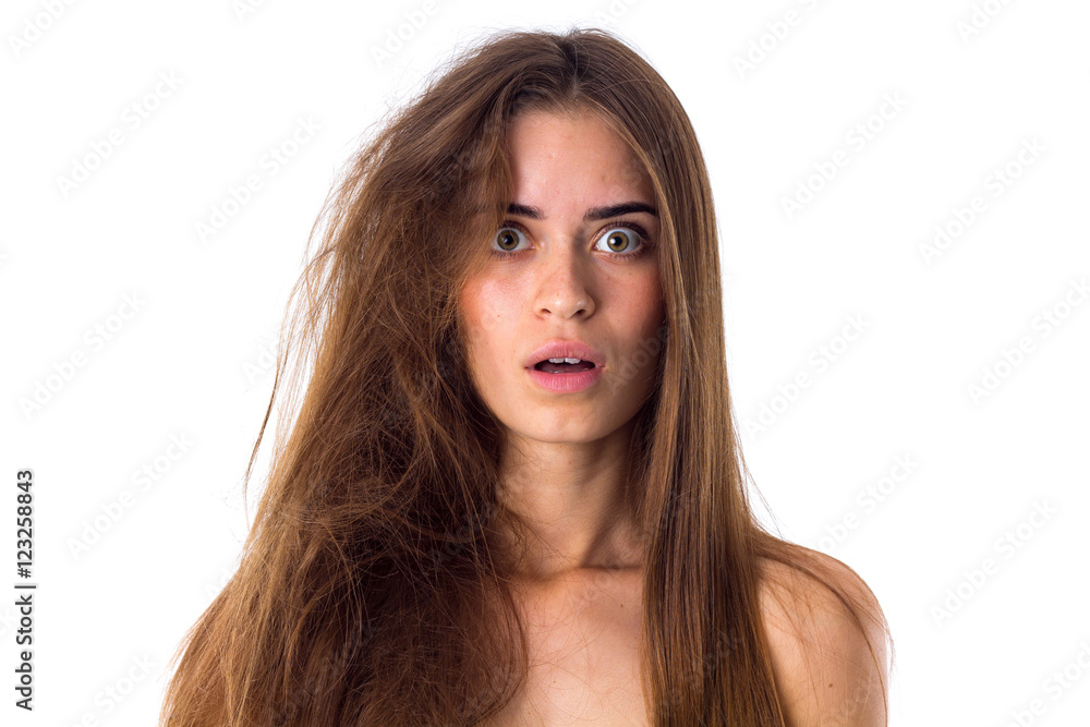 Woman with half of hair straight and half tangled Woman with half of hair straight and half tangled