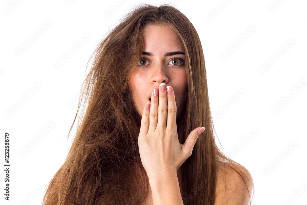 Woman with half of hair straight and half tangled Woman with half of hair straight and half tangled