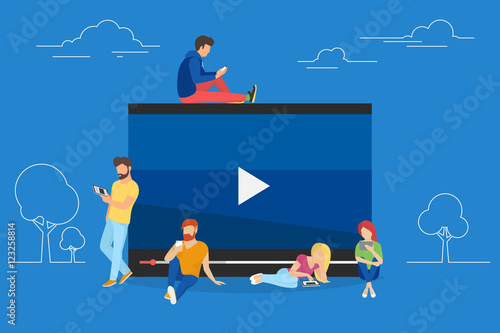 Video watching concept illustration of young people using mobile gadgets, tablet pc and smartphone for live watching a video via internet. Flat design of guys and women staying near big symbol