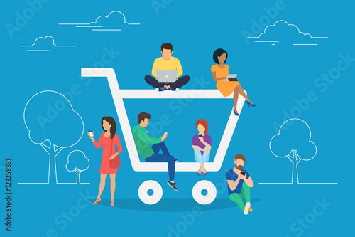 E-commerce cart concept illustration of young people using mobile gadgets such as tablet and smartphone for online purchasing and ordering goods. Flat guys and women sitting on the ecommerce symbol