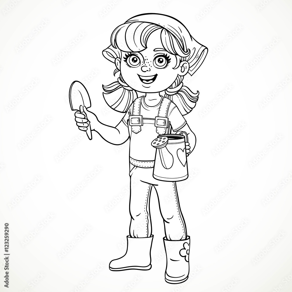 Cute little girl in jeans overalls and rubber boots holding a wa Cute little girl in jeans overalls and rubber boots holding a wa