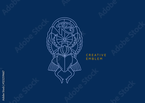 Linear Egyptian emblem, scarab with wings and eye