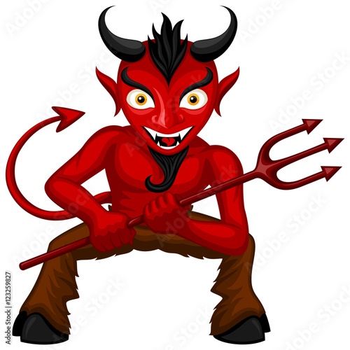 Vector illustration of a crouched devil holding a pitchfork.