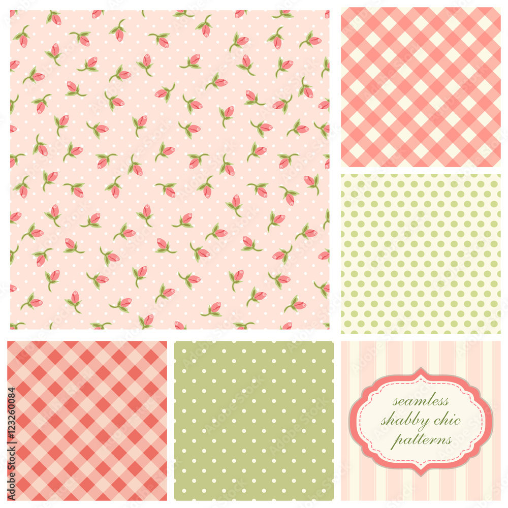 Set of cute seamless Shabby Chic patterns with roses, polka dot and plaid, ideal for kitchen textile or bed linen fabric or interior wallpaper design, can be used for scrap booking paper etc Set of cute seamless Shabby Chic patterns with roses, polka dot and plaid, ideal for kitchen textile or bed linen fabric or interior wallpaper design, can be used for scrap booking paper etc
