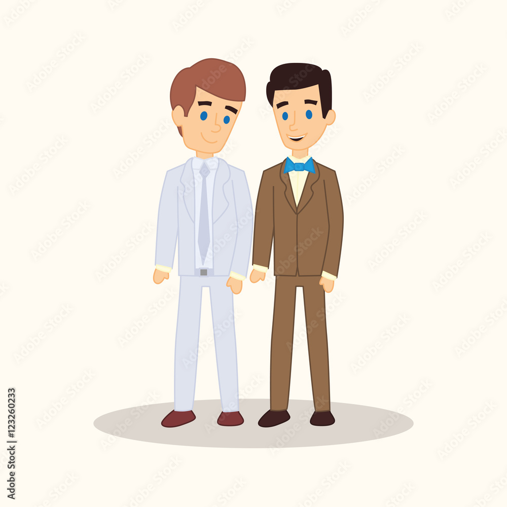 Gay wedding couple in suits. Vector cartoon style illustration. Same-sex family