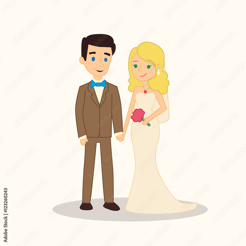 Wedding couple cartoon characters. Bride and groom vector illustration for invitation, greeting card design, t-shirt print, inspiration poster. Wedding couple cartoon characters. Bride and groom vector illustration for invitation, greeting card design, t-shirt print, inspiration poster.