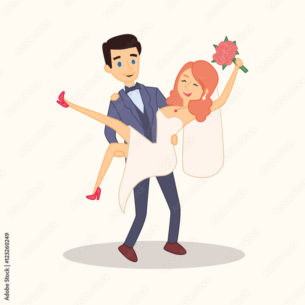 The bride at the hands of the groom. Wedding couple cartoon characters.  Vector illustration for invitation, greeting card design, t-shirt print,  inspiration poster. Stock Vector | Adobe Stock