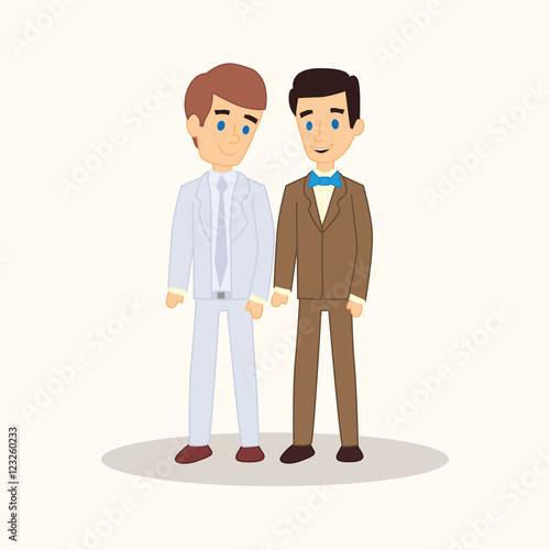 Gay wedding couple in suits. Vector cartoon style illustration. Same-sex family. Two caucasian men getting married on isolated background. Design for wedding invitation, Save the Date cards