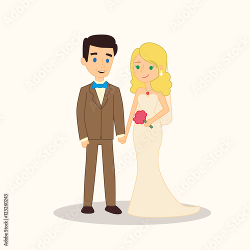 Wedding couple cartoon characters. Bride and groom vector illustration for invitation, greeting card design, t-shirt print, inspiration poster.