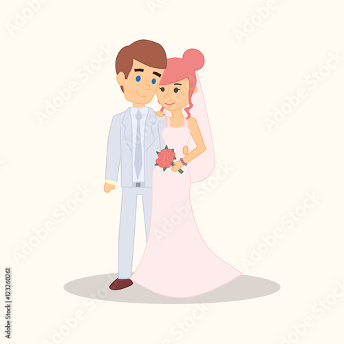 Wedding couple cartoon characters. Bride and groom vector illustration for invitation, greeting card design, t-shirt print, inspiration poster.