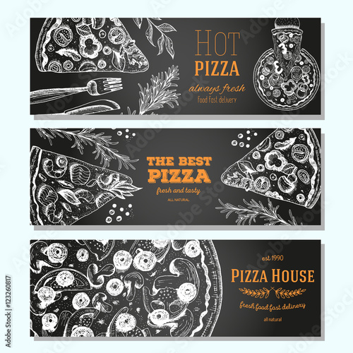 Pizza banner design template. Flyer design collection. Vector illustration drawn with ink. Vertical vintage banner set. Linear drawn vector illustration. Banner set.