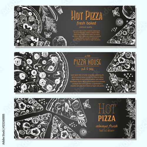 Pizza banner design template. Flyer design collection. Vector illustration drawn with ink. Vertical vintage banner set. Linear drawn vector illustration. Banner set.