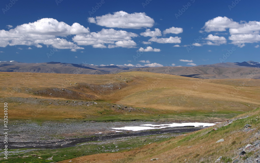 Valley of the mountain river with snow on the high plateau near Mongolia, Plateau Ukok, Altai mountains, Siberia, Russia